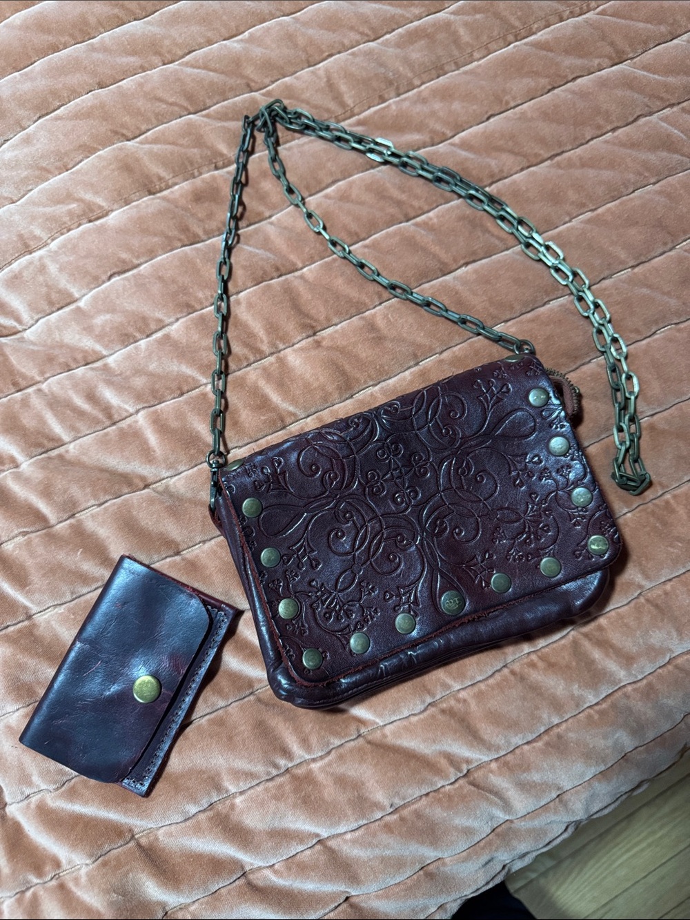 Italian Made- Embossed Studded Vintage Floral Leather Crossbody Bag